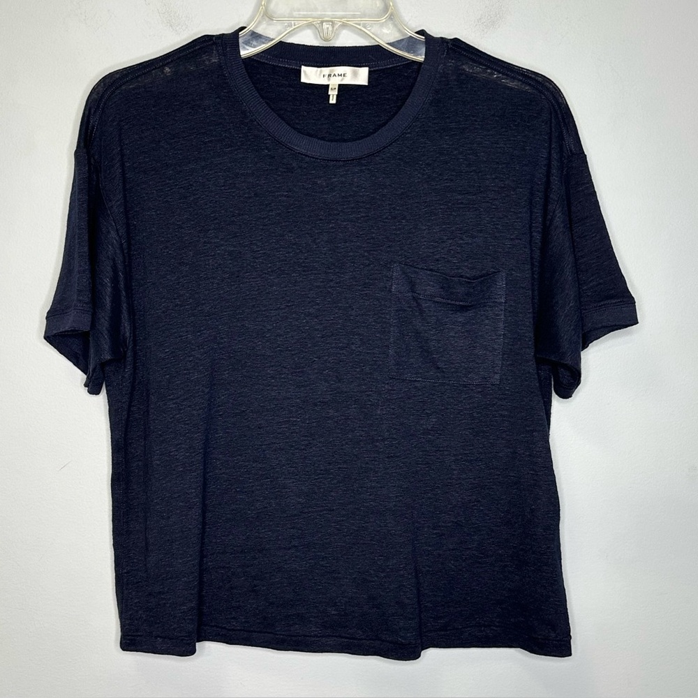 SOLD!!Frame Women’s Navy Blue 100% Organic Linen Round Neck Short Sleeve Tee